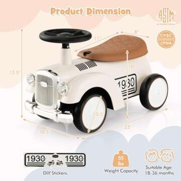 HONEY JOY Ride On Push Car, Outdoor Toddler Riding Toys w/Steering Wheel, Horn & Storage, Foot-to-Floor Sliding Car, No Batteries, Retro Baby Ride On Toys for Boys and Girls (White)