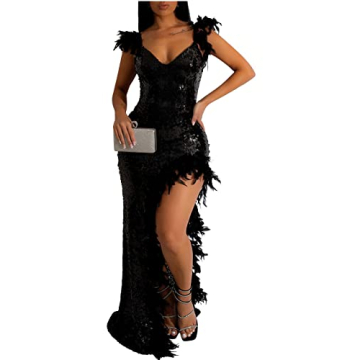 Sexy Feather Sequin Prom Dresse for Women Mermaid High Split Formal Party Evening Gowns Black S