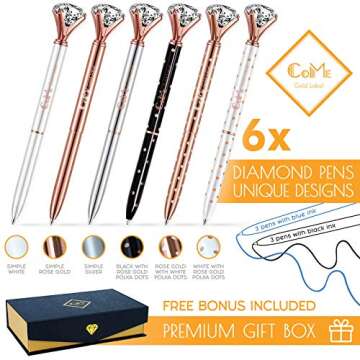 CoMe Set of 6 PCS Big Crystal Diamond Pens in Gift Box - Rose Gold Silver White Fancy Cute Fun Bling Top Ballpoint Writing Pen, Blue & Black Ink - Bulk School Desk Office Supplies for Women Girls Coworkers