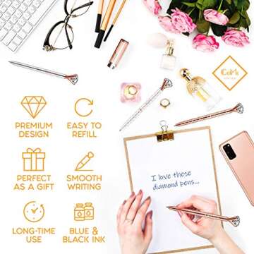 CoMe Set of 6 PCS Big Crystal Diamond Pens in Gift Box - Rose Gold Silver White Fancy Cute Fun Bling Top Ballpoint Writing Pen, Blue & Black Ink - Bulk School Desk Office Supplies for Women Girls Coworkers