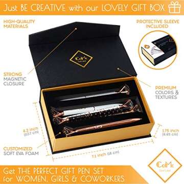 CoMe Set of 6 PCS Big Crystal Diamond Pens in Gift Box - Rose Gold Silver White Fancy Cute Fun Bling Top Ballpoint Writing Pen, Blue & Black Ink - Bulk School Desk Office Supplies for Women Girls Coworkers