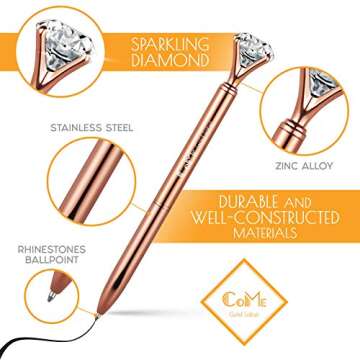 CoMe Set of 6 PCS Big Crystal Diamond Pens in Gift Box - Rose Gold Silver White Fancy Cute Fun Bling Top Ballpoint Writing Pen, Blue & Black Ink - Bulk School Desk Office Supplies for Women Girls Coworkers