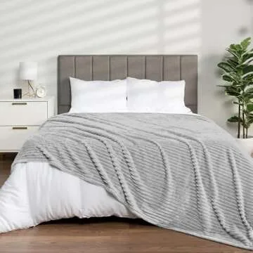 PAVILIA Super Soft Fleece Throw Blanket Twin Light Grey, Fuzzy Plush Flannel Throw, Warm Cozy Ribbed Microfiber Blanket for Sofa Couch Bed, Lightweight Striped Blanket, Gray, 60x80