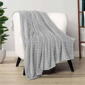 PAVILIA Super Soft Fleece Throw Blanket Twin Light Grey, Fuzzy Plush Flannel Throw, Warm Cozy Ribbed Microfiber Blanket for Sofa Couch Bed, Lightweight Striped Blanket, Gray, 60x80