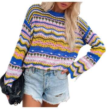 Women' s Y2K Crochet Crop Top See Through Hollow Out Sweater Pullover Long Sleeve Knit Color Block C...