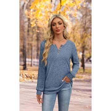 XIEERDUO Long Sleeve Shirts for Women Crew Neck Lightweight Sweaters Dressy Casual Tunic for 2024 Womens Fall Shirts Blue S
