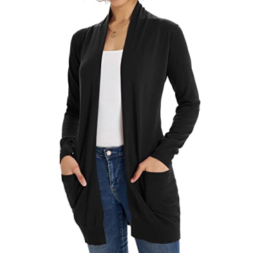 Grace Karin Women's Essential Solid Open Front Long Knitted Cardigan Sweater in Black