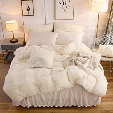 LIFEREVO Luxury Plush Shaggy Duvet Cover Set - Soft Velvet Bedding, Zipper Closure - Adorable Pom Po...
