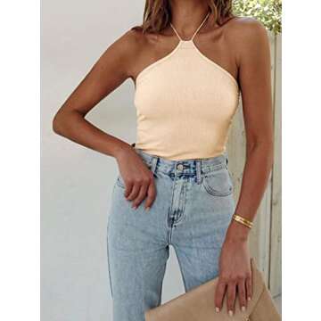 BTFBM Women Casual Bodycon Tank Tops Slim Fit Ribbed Sleeveless Shirts Solid Color Summer Tops (Large, Solid Apricot)