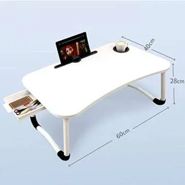 23.6'' Ergonomic Lap Desk with Storage Drawer & Cup Holder, Foldable Laptop Bed Table for Home Office, Gaming, Writing, Breakfast - Lightweight, Portable, Fits 18'' Laptops (White)