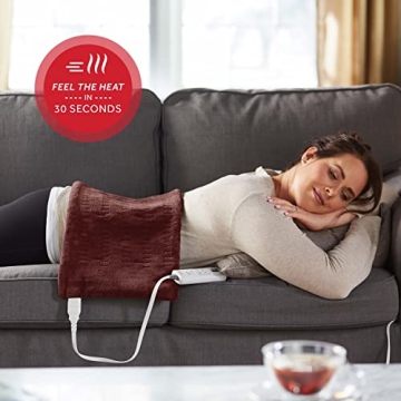 Sunbeam XL Back, Neck, and Shoulder Heat Therapy, 12 x 24 with Auto Shut Off, 6 Settings, Machine-Washable, Comfortable Microplush Fabric - Burgundy