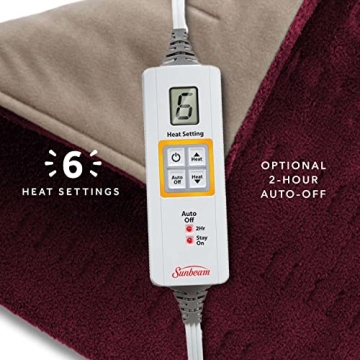 Sunbeam XL Back, Neck, and Shoulder Heat Therapy, 12 x 24 with Auto Shut Off, 6 Settings, Machine-Washable, Comfortable Microplush Fabric - Burgundy