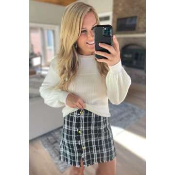 Kate Kasin Women's Black Plaid Skirt High Waist Button Front Split Bodycon Tweed Mini Skirts L 2023