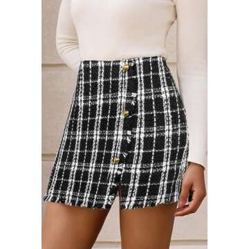 Kate Kasin Women's Black Plaid Skirt High Waist Button Front Split Bodycon Tweed Mini Skirts L 2023