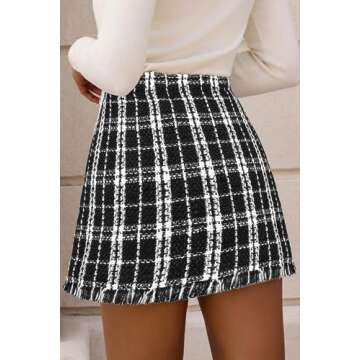 Kate Kasin Women's Black Plaid Skirt High Waist Button Front Split Bodycon Tweed Mini Skirts L 2023
