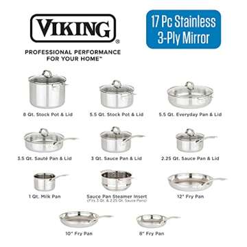 Viking 3-Ply Pots and Pans Set, 17 Piece Stainless Steel Cookware Glass Lids, Steamer Insert, Silver