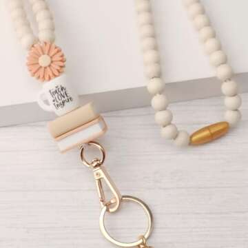 Teacher Lanyard with ID Holder, Fashion Wood Beaded Lanyard for Keys, Super Cute Boho Breakaway Lanyard for Women