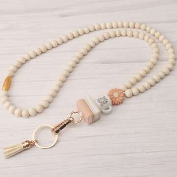 Teacher Lanyard with ID Holder, Fashion Wood Beaded Lanyard for Keys, Super Cute Boho Breakaway Lanyard for Women