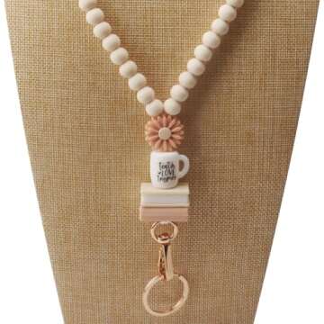 Teacher Lanyard with ID Holder, Fashion Wood Beaded Lanyard for Keys, Super Cute Boho Breakaway Lanyard for Women