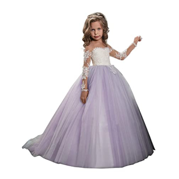 Abaowedding Kids Lace Embroidery Long Sleeve Gown