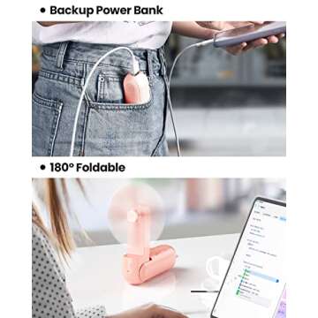 Gaiatop Portable Handheld Fan, Mini Rechargeable Folding Fans with Power Bank USB Battery Operated, Small Pocket Design for Eyelash Girls Women Travel Outdoor Pink