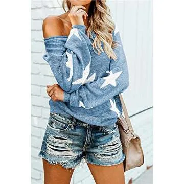 Women's Scoop Neck Long Sleeve Off The Shoulder Star Tops Pullover Sweater Blue S