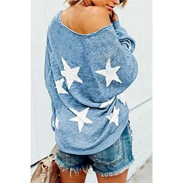 Women's Scoop Neck Long Sleeve Off The Shoulder Star Tops Pullover Sweater Blue S