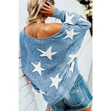 Women's Scoop Neck Long Sleeve Off The Shoulder Star Tops Pullover Sweater Blue S