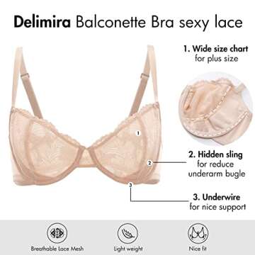 DELIMIRA Women's Balconette Bra Plus Size Lace Sexy Underwire Unlined Push Up See Through Bras Beige 36C