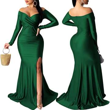 LalaLin Women's Sexy Formal Dress Off Shoulder Ruched Party Basic Elegant Long Sleeve High Slit Evening Gown Maxi Dresses Green