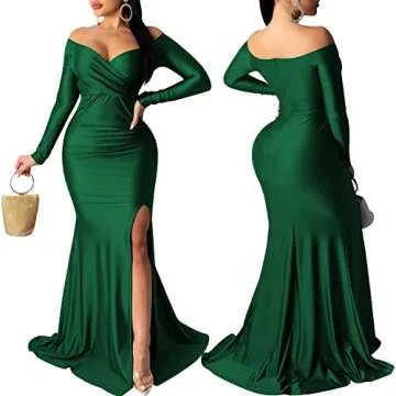 LalaLin Women's Sexy Formal Dress Off Shoulder Ruched Party Basic Elegant Long Sleeve High Slit Evening Gown Maxi Dresses Green