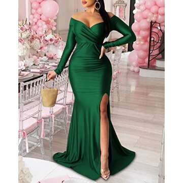 LalaLin Women's Sexy Formal Dress Off Shoulder Ruched Party Basic Elegant Long Sleeve High Slit Evening Gown Maxi Dresses Green