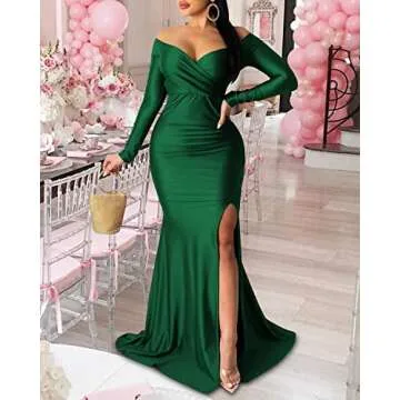 LalaLin Women's Sexy Formal Dress Off Shoulder Ruched Party Basic Elegant Long Sleeve High Slit Evening Gown Maxi Dresses Green
