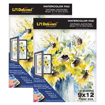 Li'l Davinci 9x12 Watercolor Pad, 12 Sheets, 300gsm Cold Pressed, Acid-Free, Heavyweight Paper, Prof...