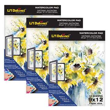 Li'l Davinci 9x12 Watercolor Pad, 12 Sheets, 300gsm Cold Pressed, Acid-Free, Heavyweight Paper, Professional-Grade Paper for Watercolor, Ink, and Mixed Media, Great for Artists of All Ages, 1 Pad
