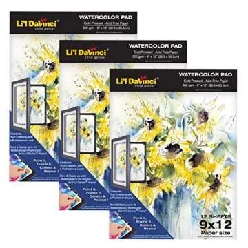 Li'l Davinci 9x12 Watercolor Pad, 12 Sheets, 300gsm Cold Pressed, Acid-Free, Heavyweight Paper, Professional-Grade Paper for Watercolor, Ink, and Mixed Media, Great for Artists of All Ages, 1 Pad