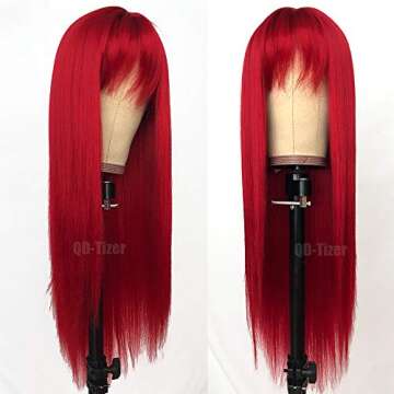 QD-Tizer Red Color Long Silky Straight Wigs with Bangs Synthetic No Lace Wig for Fashion Women Heat ...