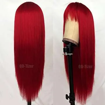 QD-Tizer Red Color Long Silky Straight Wig with Bangs