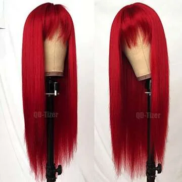 QD-Tizer Red Color Long Silky Straight Wig with Bangs