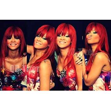 QD-Tizer Red Color Long Silky Straight Wigs with Bangs Synthetic No Lace Wig for Fashion Women Heat Resistant Natural Looking Hair Wig for Party Cosplay