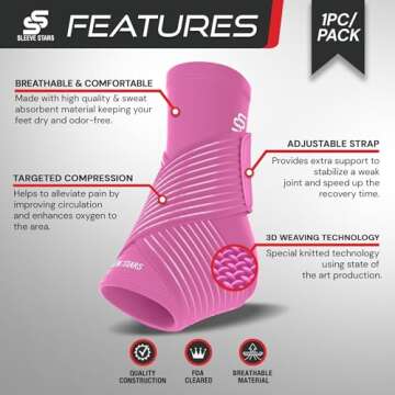 Sleeve Stars Ankle Brace for Sprained Ankle, Plantar Fasciitis Relief Ankle Support for Women, Ankle Compression Sleeve w/ Strap (Single/Hot Pink)