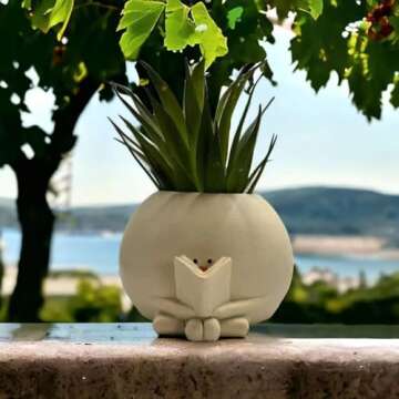 Smile Face Planter Pot with Drainage Hole, Unique Flower Pots for String of Pearls Plant Live, Reading Planter, Funny Resin Plant Pot for Indoor Outdoor, Gift for Mother Birthday Christmas (Reading)