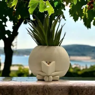 Smile Face Planter Pot with Drainage Hole, Unique Flower Pots for String of Pearls Plant Live, Reading Planter, Funny Resin Plant Pot for Indoor Outdoor, Gift for Mother Birthday Christmas (Reading)