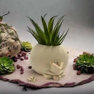 Smile Face Planter Pot with Drainage Hole, Unique Flower Pots for String of Pearls Plant Live, Reading Planter, Funny Resin Plant Pot for Indoor Outdoor, Gift for Mother Birthday Christmas (Reading)