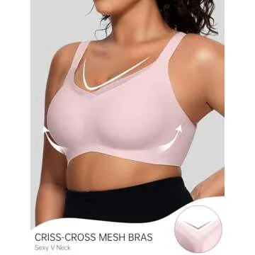 OEAK Womens Wireless Bras V Mesh Comfortable Bralette Supportive Tshirt Bra No Underwire Seamless Push Up Everyday Bras S Pink