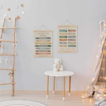 HRQKO Boho Week Month Decor Poster Hanger Frame Set of 2, Educational Posters,Preschool Wall Art with Wooden Frames, Boho Classroom Wall Hanging Banner Decor for Toddlers Room Playroom, 12x16 Inch