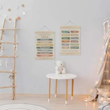 HRQKO Boho Week Month Decor Poster Hanger Frame Set of 2, Educational Posters,Preschool Wall Art with Wooden Frames, Boho Classroom Wall Hanging Banner Decor for Toddlers Room Playroom, 12x16 Inch