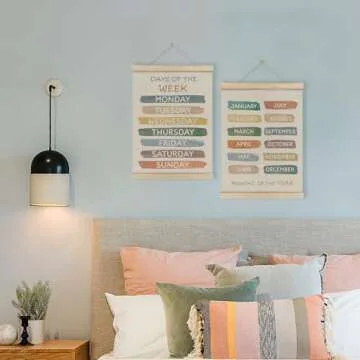 HRQKO Boho Week Month Decor Poster Hanger Frame Set of 2, Educational Posters,Preschool Wall Art with Wooden Frames, Boho Classroom Wall Hanging Banner Decor for Toddlers Room Playroom, 12x16 Inch