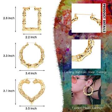 Udalyn 4 Pairs Bamboo Hoop Earrings for Women Large Heart Square Geometric Earrings Oversized Gold B...