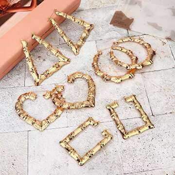 Udalyn 4 Pairs Bamboo Hoop Earrings for Women Large Heart Square Geometric Earrings Oversized Gold Bamboo Hoop Earrings Set Hip-Pop Jewelry Fashion Party Costume Accessory